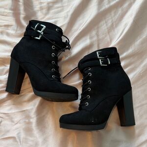 Women’s Black Lace-Up High Heel Ankle Boots with Buckle
